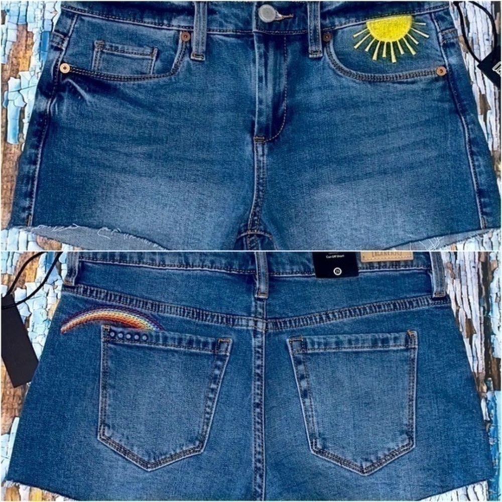 Anthropologie Blank NYC Astor Sun Rainbow Embroidery Jean Shorts Boho Festival